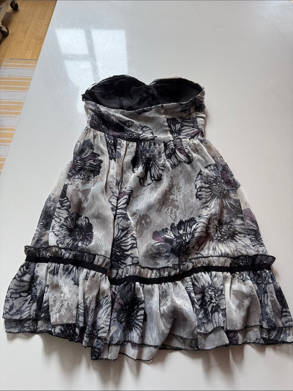 C. Luce Strapless Floral Empire Waist Mini Dress, Ruffle Hem, Size M - Picture 4 of 15